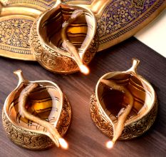 Brass Pepal Leaf Diwali Diya On Decorative Base Pack of 3